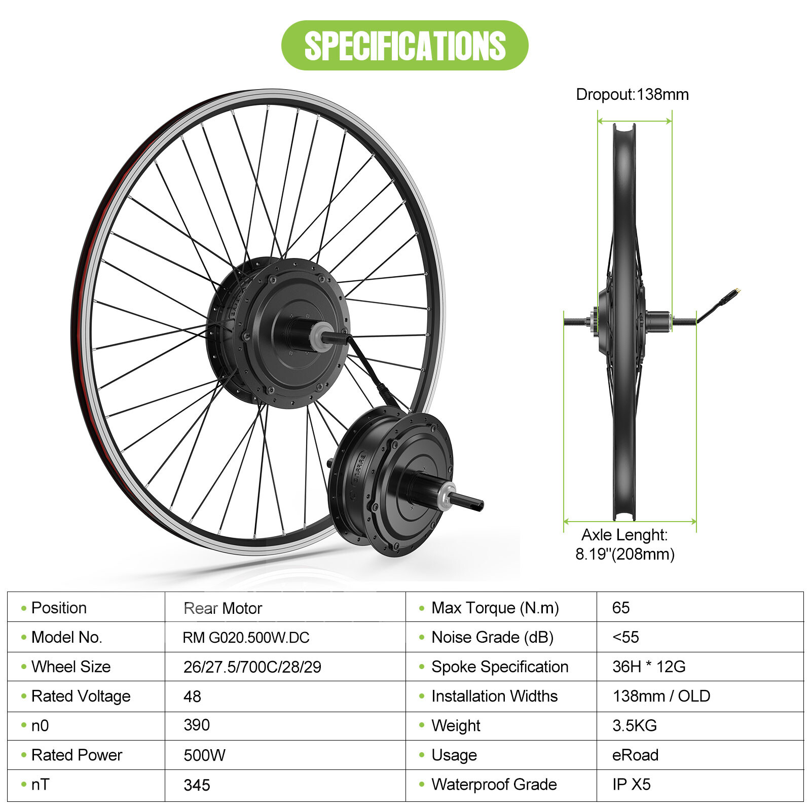Bafang 48V500W135mm Electric Bicycle Hub Motor Rear Wheel for Cassette Kit USA