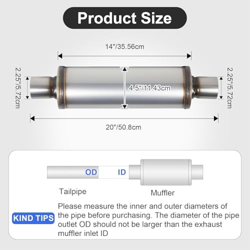 Exhaust Muffler, Universal Muffler for 2.25″ Inlet/Outlet + 4.5″ Body Diameter