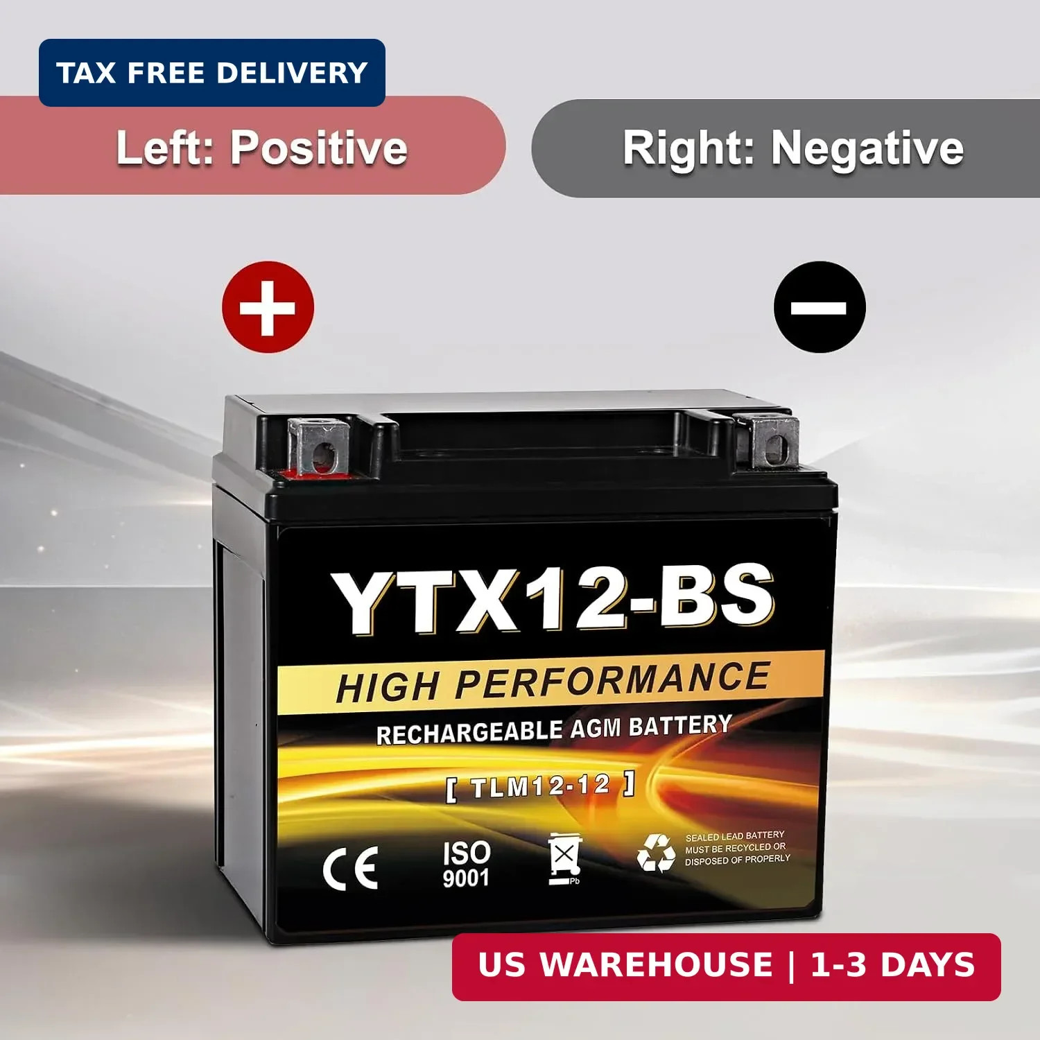 YTX12-BS 12V 10Ah AGM Sealed Motorcycle Battery, Maintenance-Free, Compatible wi