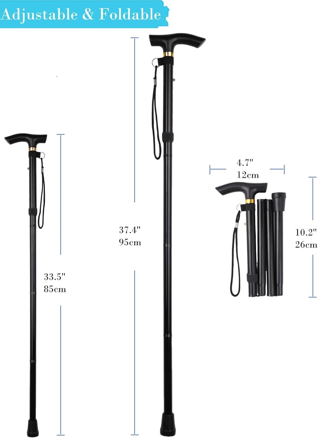 Folding Lightweight Walking Stick – Adjustable Aluminum Metal Black