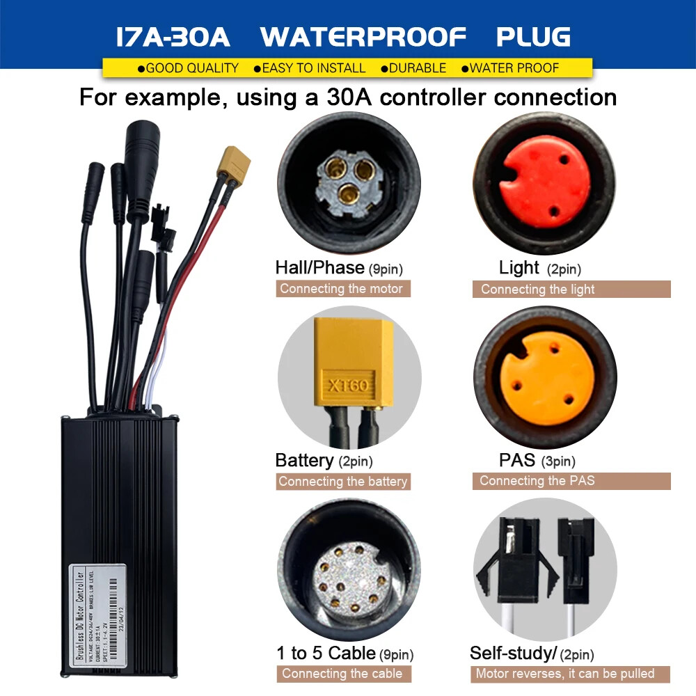 E-bike Sine Wave Waterproof Controller 17A 26A 30A for 250W-1000W Hub Motor