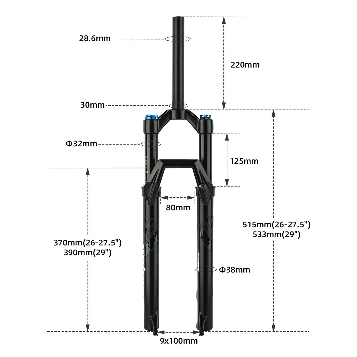 26/29 inch MTB Air Suspension Fork 125mm Travel 28.6mm Steerer Shoulder Lockout