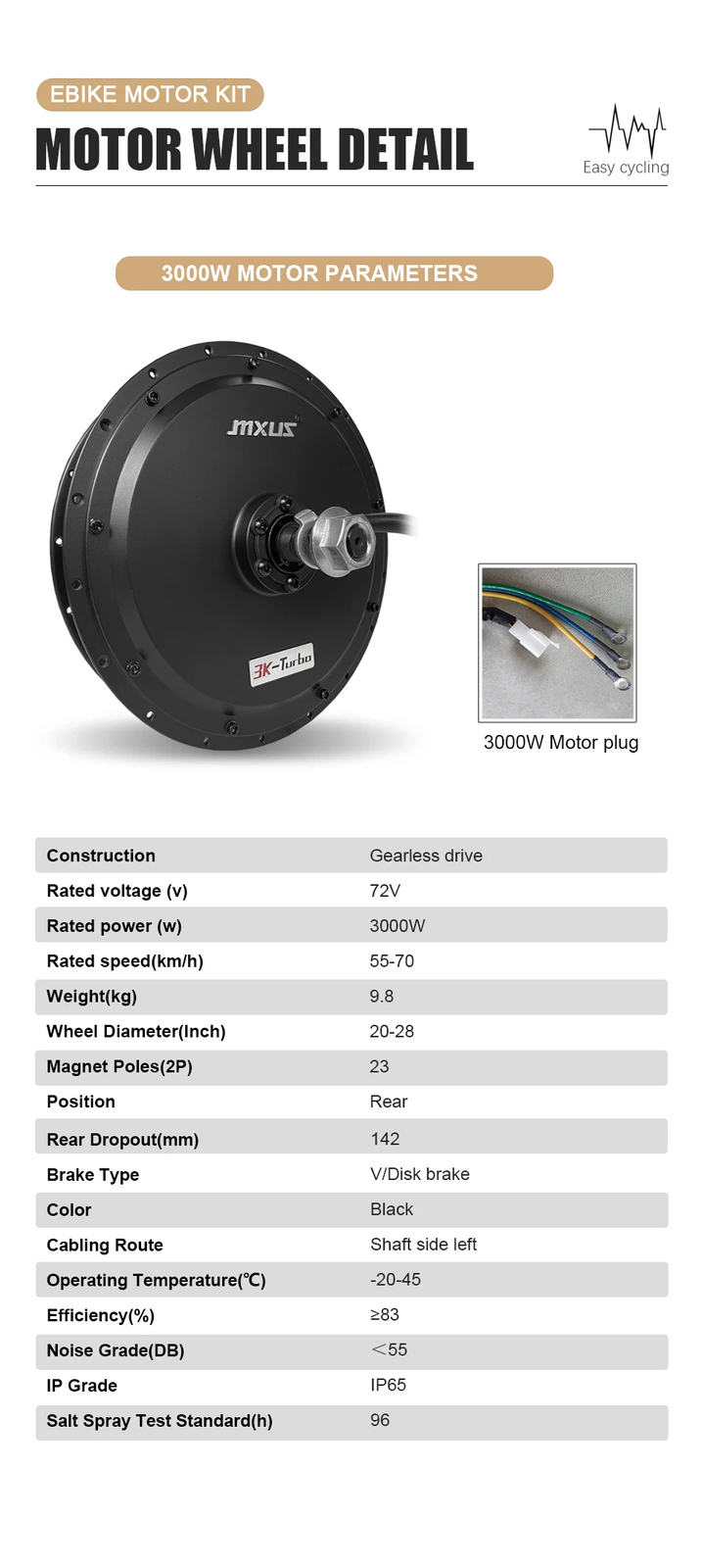 72V 3000W Electric Bicycle 3.0 Tyre Brushless Hub Motor Wheel Dropout 142mm