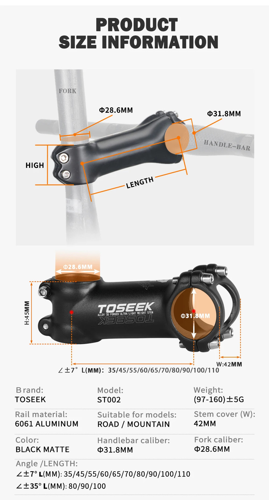 MTB Bicycle Handlebar Stem 60-100mm 28.6mm 31.8mm Negative Power Road Bike Table