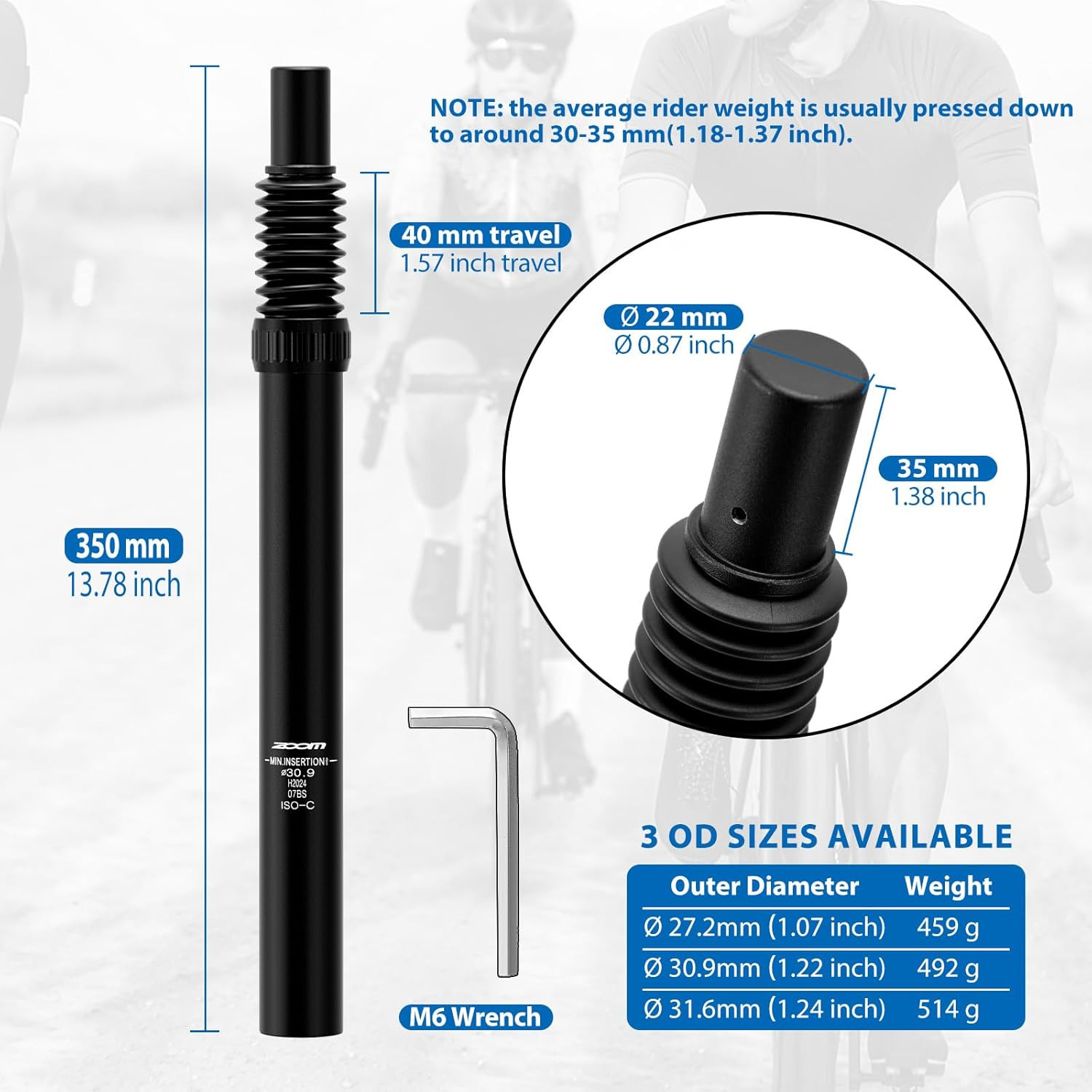 Zoom Bike Suspension Seatpost:27.2 / 30.9 / 31.6 X 350 Mm Shock 27.2 Mm