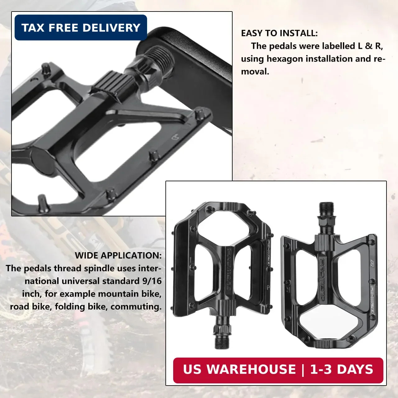 Mountain Bike Pedals MTB Pedals, Large Size Aluminum Alloy Body with Boron Steel
