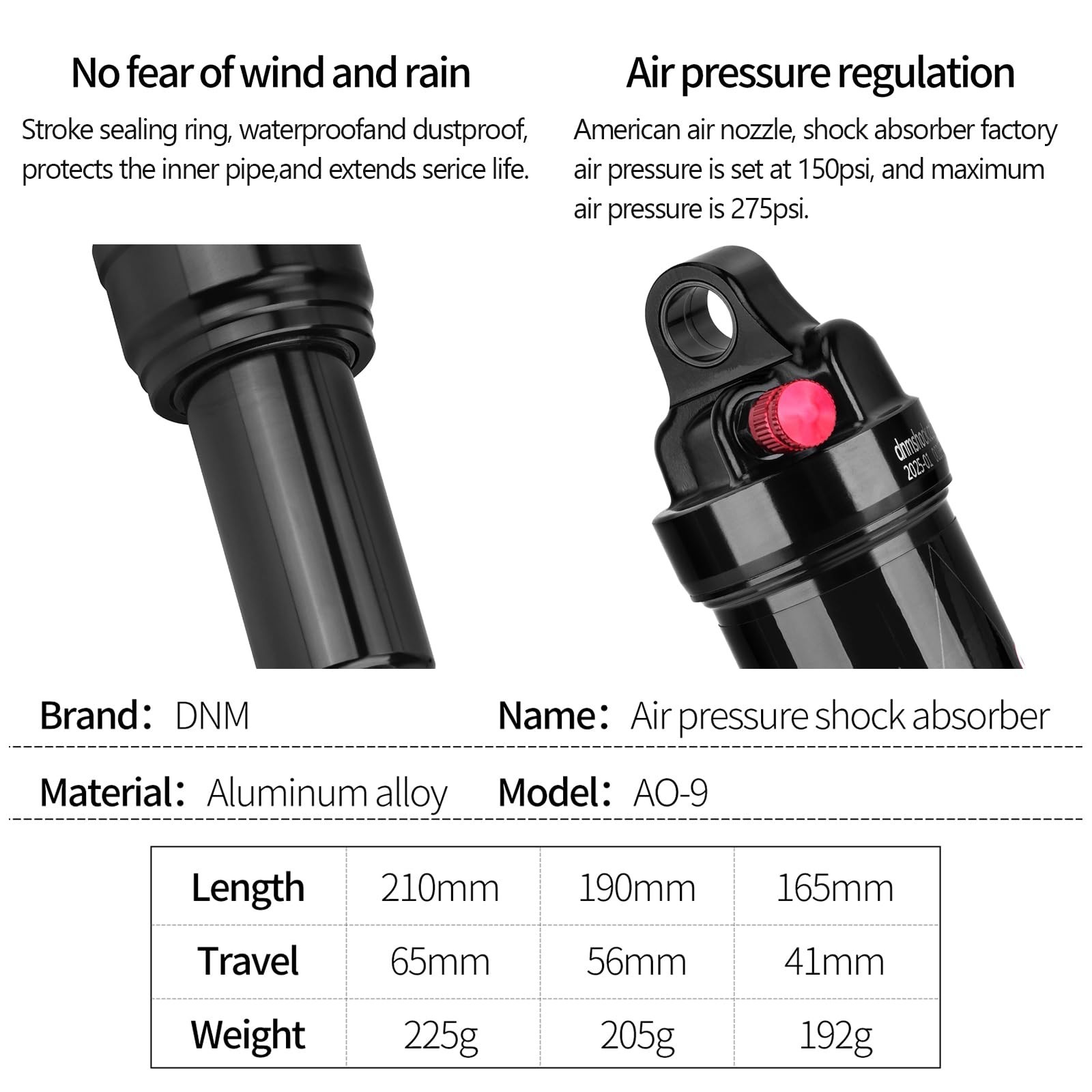 DNM AO-9 Air Suspension Shock Absorber, 65/56/41mm Travel, 150-275PSI Adjusta…