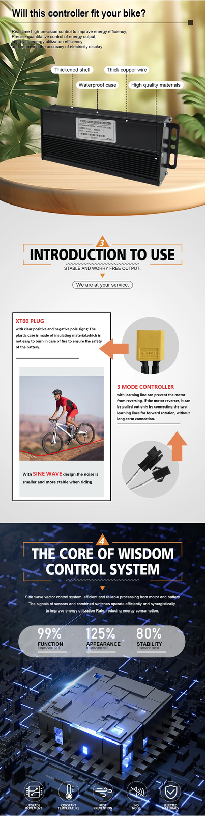 Three-Mode Sine Wave 36/48V 17/26/30/40A Controller with LCD Display E-bicycle