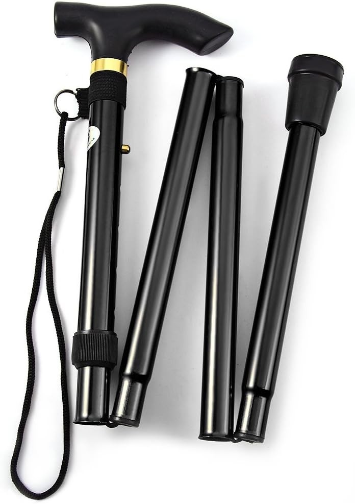 Folding Lightweight Walking Stick – Adjustable Aluminum Metal Black