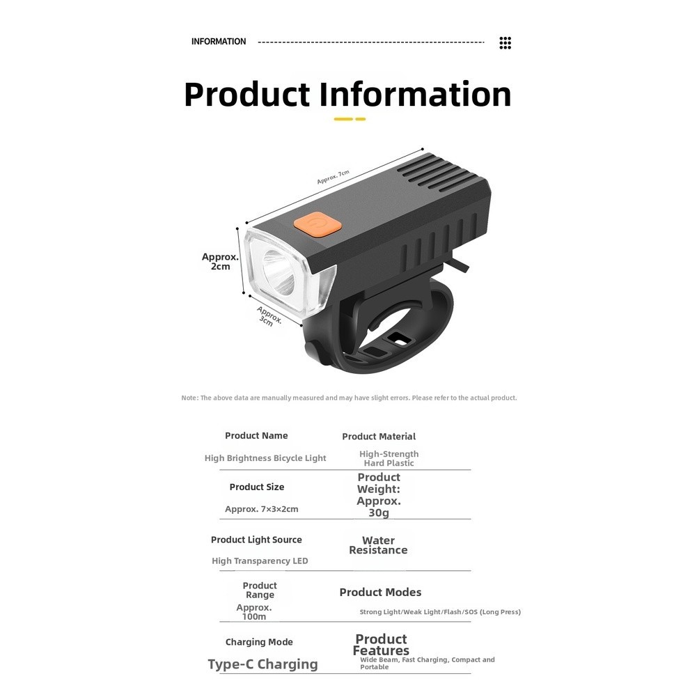 Rechargeable Front Light for Bicycle 100m Beam USB-C Quick Release Mount