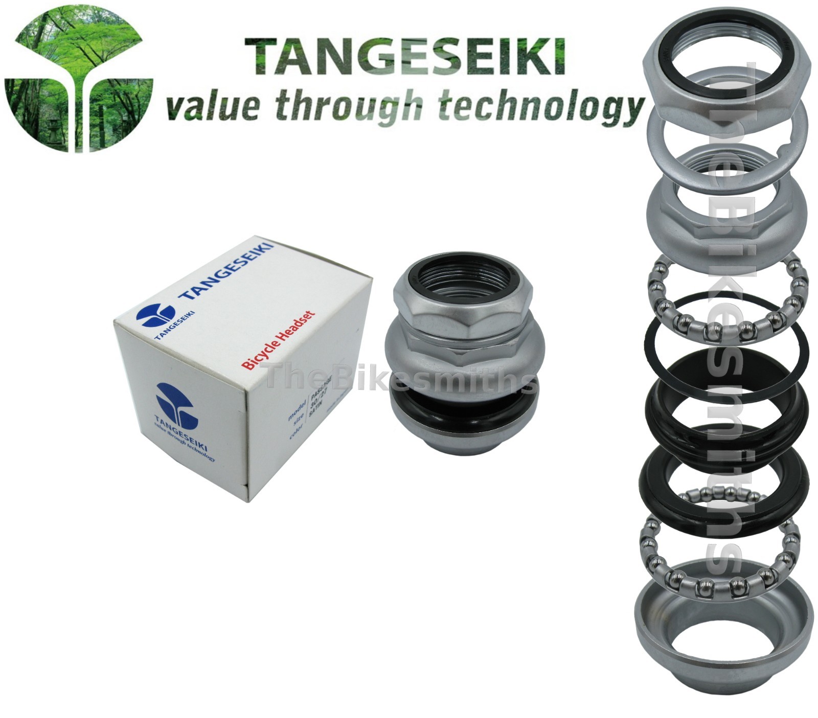 Tange Seiki Passage 30.0/27.0mm fits 1″ Threaded Bike Headset Satin Silver
