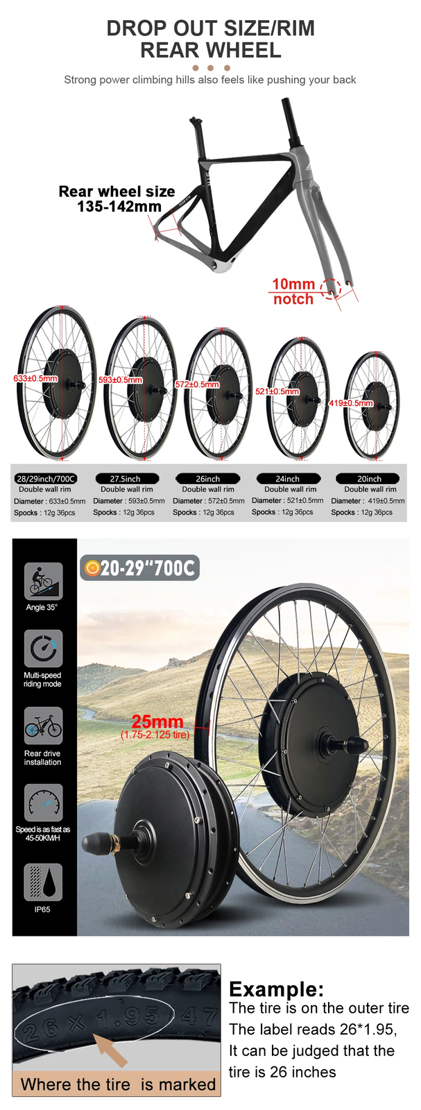 48V 1500W Mountain Electric Bike Conversion Kit Rear Rotate Wheel Hub Motor