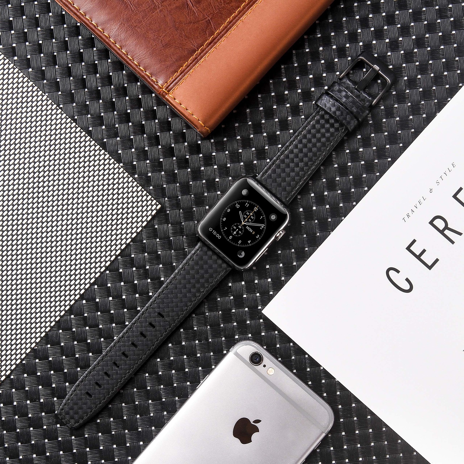 MeShow 44mm 42mm Genuine Leather Carbon Fiber Embossed Pattern with Stitching…