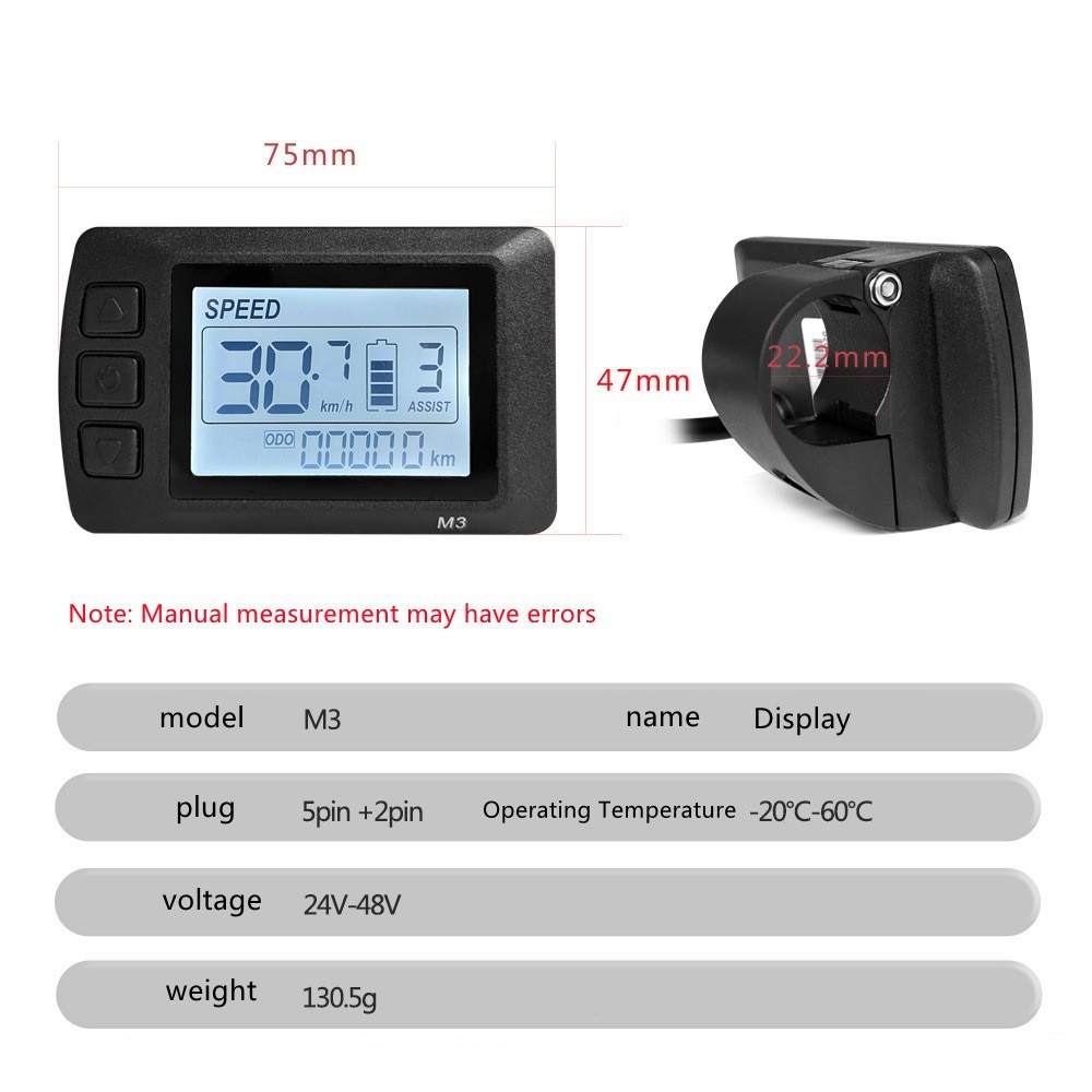 EBike 24V 36V 48V E-Bike M3 LCD Display Screen Control Meter Panel SM Plug.