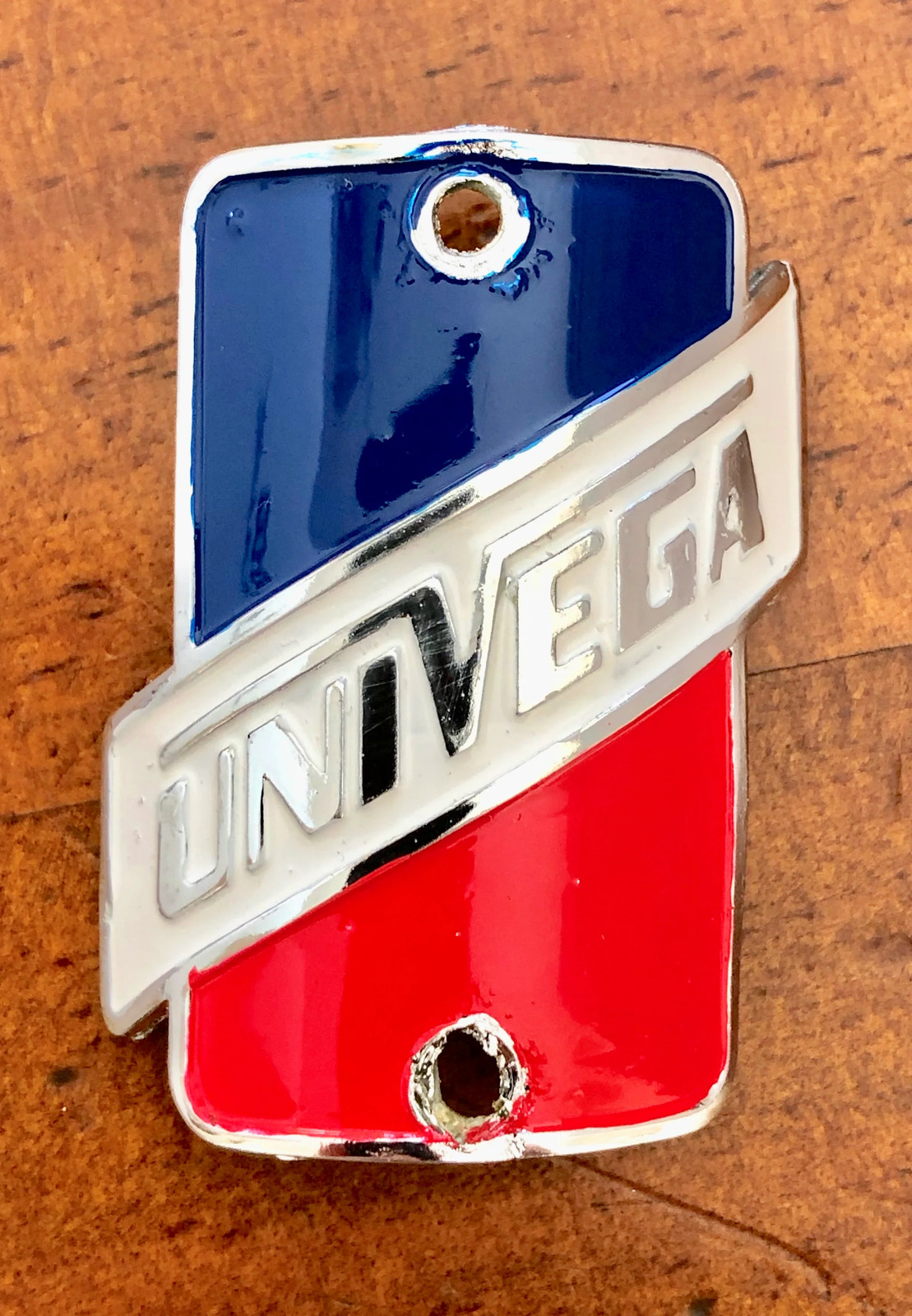 Univega Head badge – Chrome Highlights Red, White & Blue paint- old school bmx