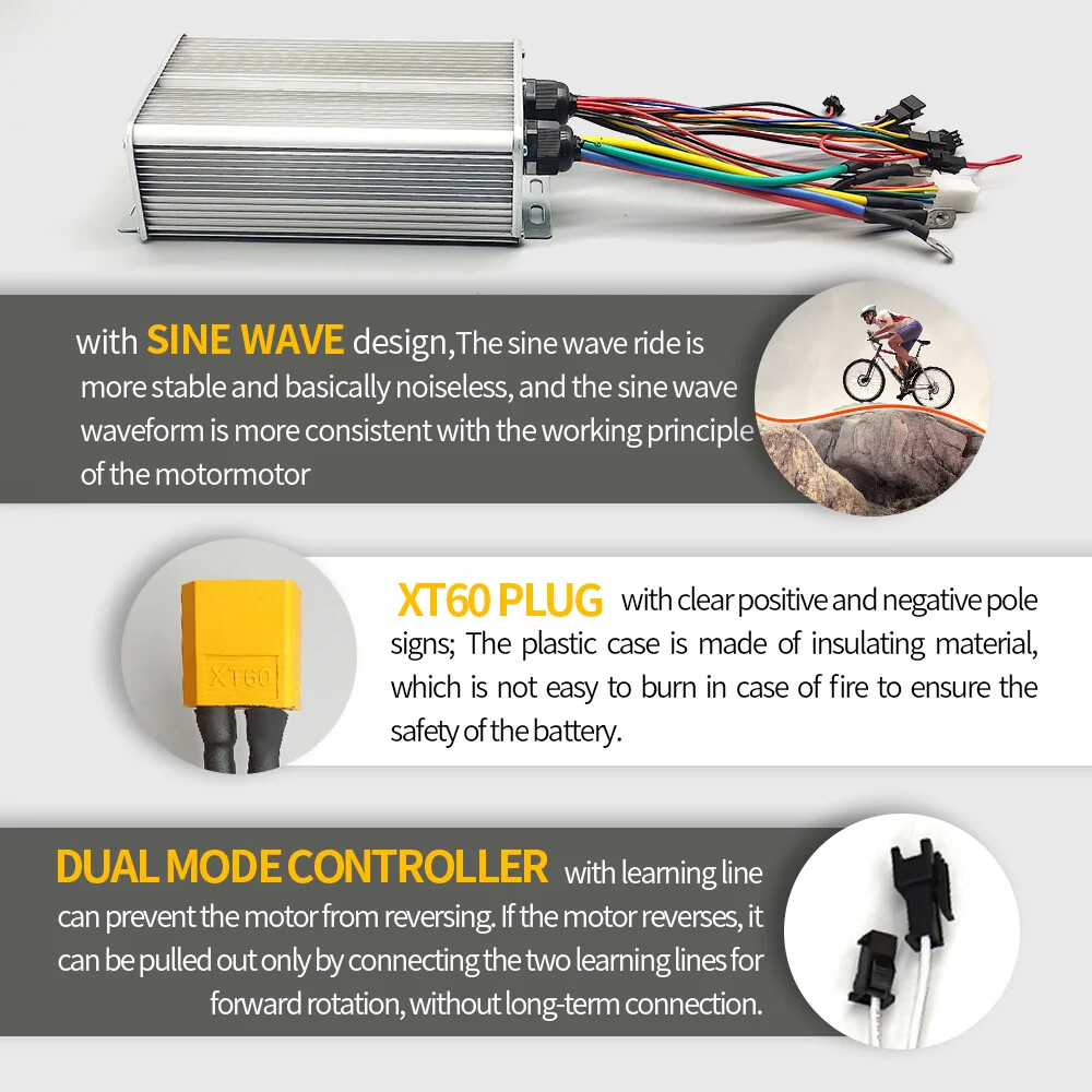 1000W 1500W 2000W 3000W MTB Ebike 60A Sinewave Dual Mode Controller LED Display