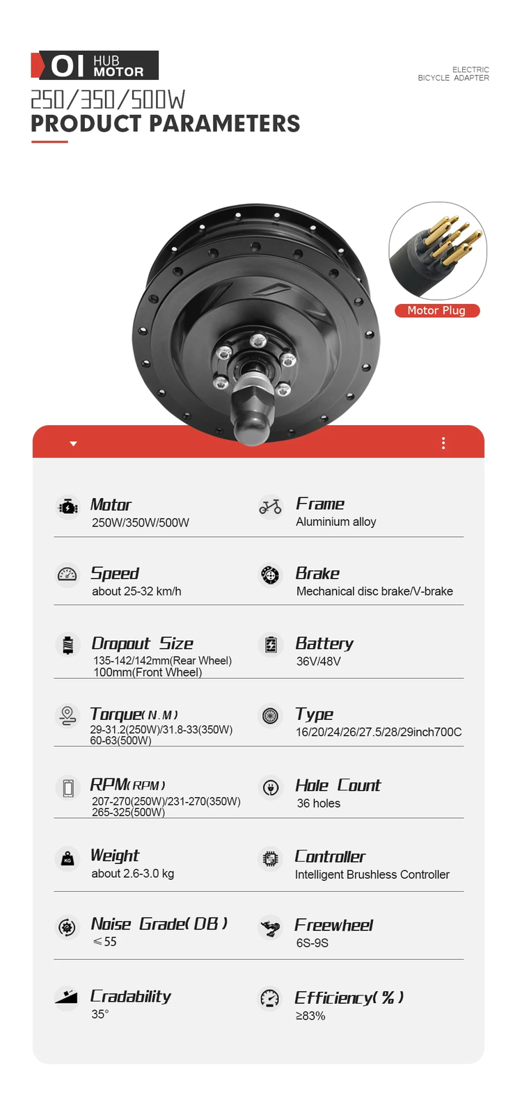 E-bike Motor 36V 48V 250W 350W 500W Front/Rear Brushless Gear Hub Motor Wheel