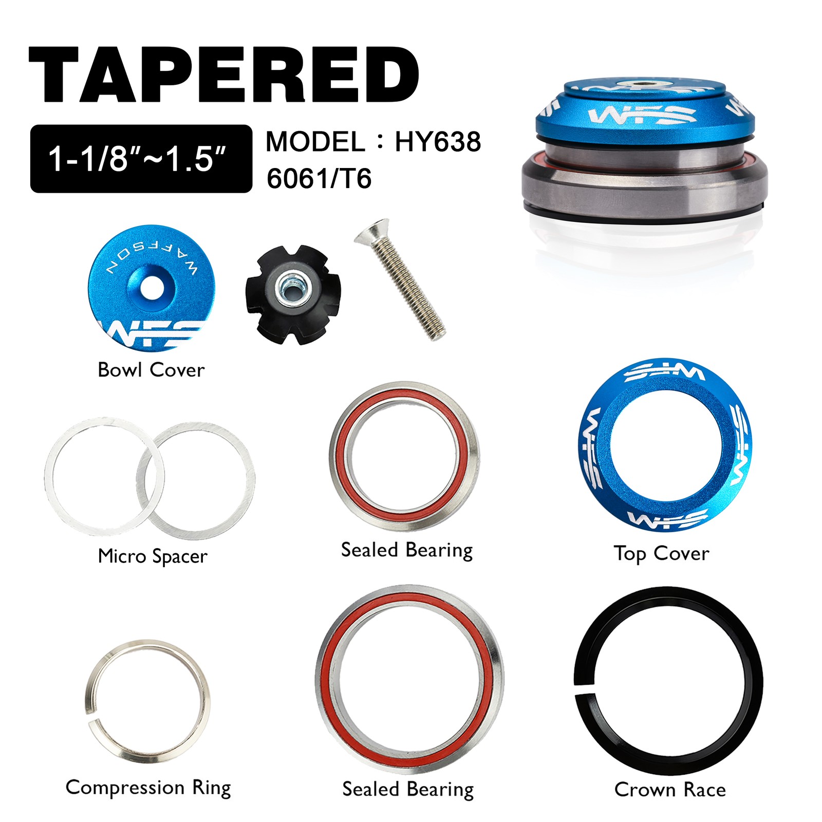 WFS HY638 Full Integrated Headset 1 1/8 – 1.5 inch 7.8mm Tapered Top Cone , Blue