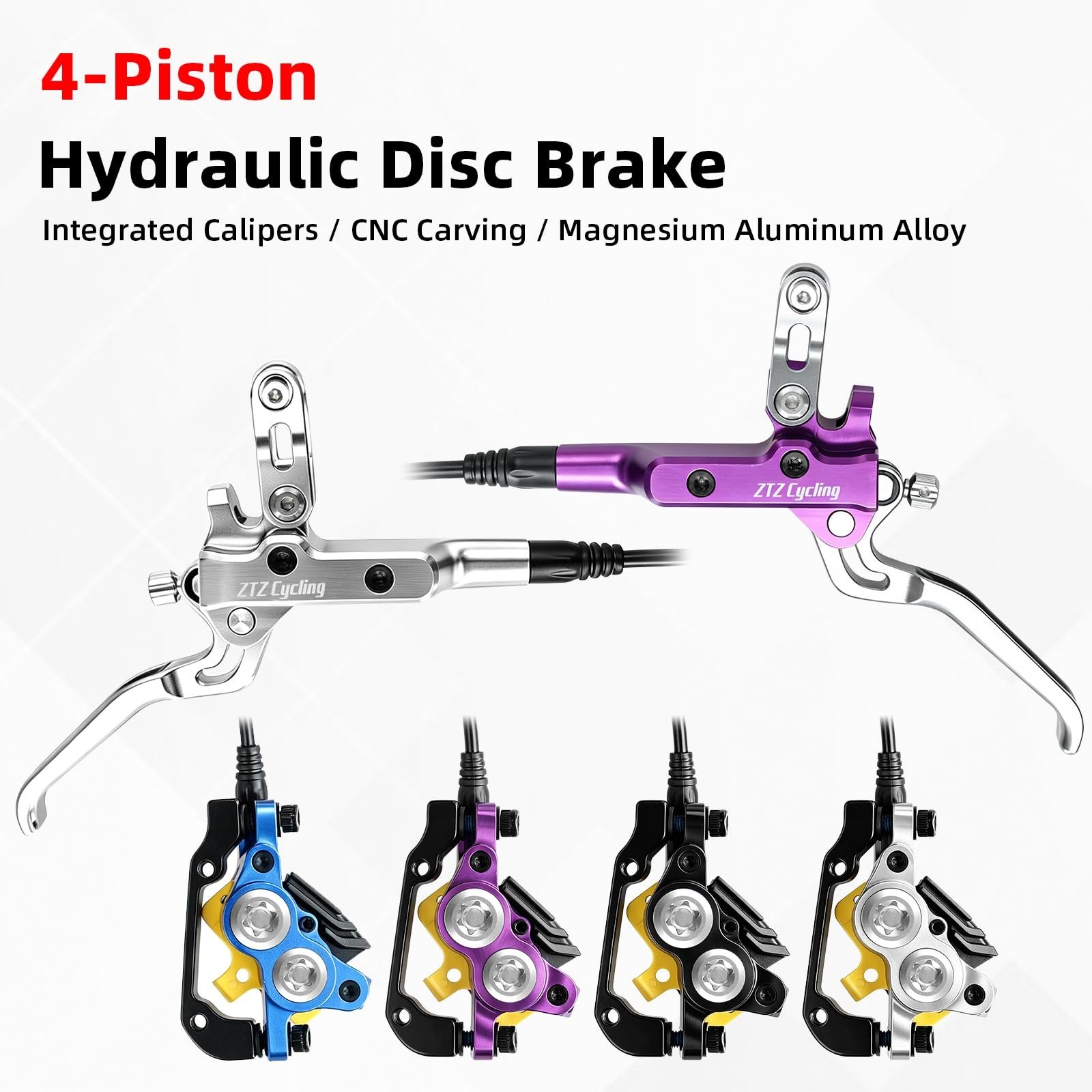 Hydraulic Disc Brake Set for MTB, 4 Piston, Ceramic Pads, 850mm & 1550mm Hoses,