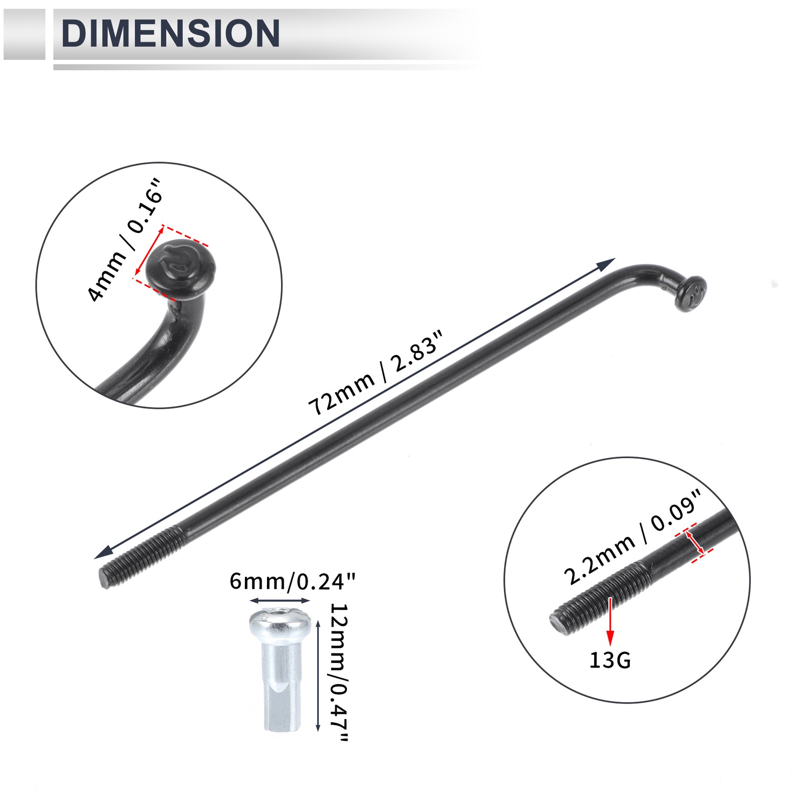 1 Set 13G 72mm Length Bicycle Spokes Nipple 45 Steel Black Universal