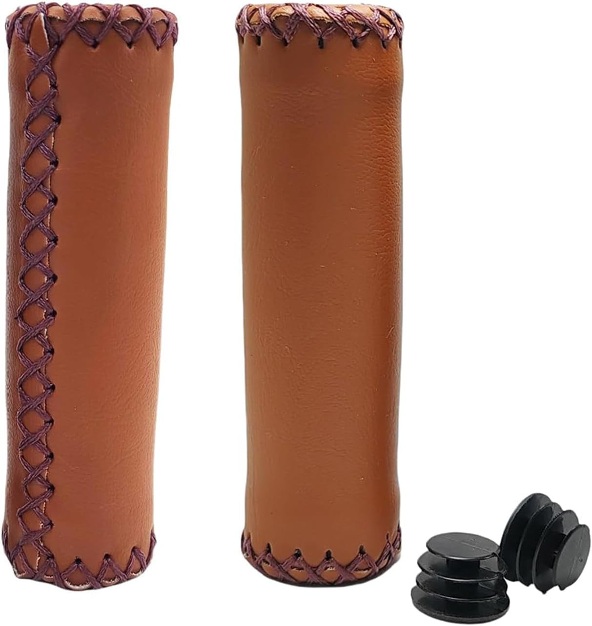 2Pcs 12Cm/4.7 Inch Long Brown PU Leather Bike Handlebar Grips with End Cap Hand-