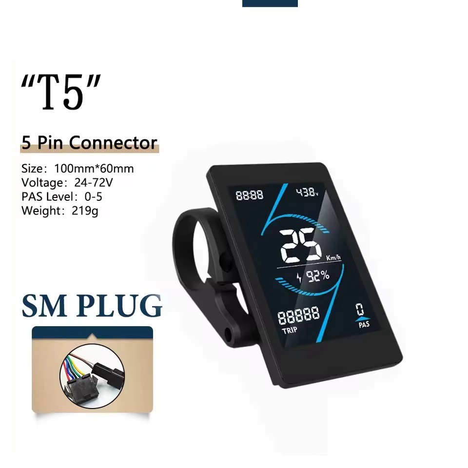 E-Bike Colour T5S LCD Display Power Speed Meter Control Panel 24V-72V SM/WP Plug