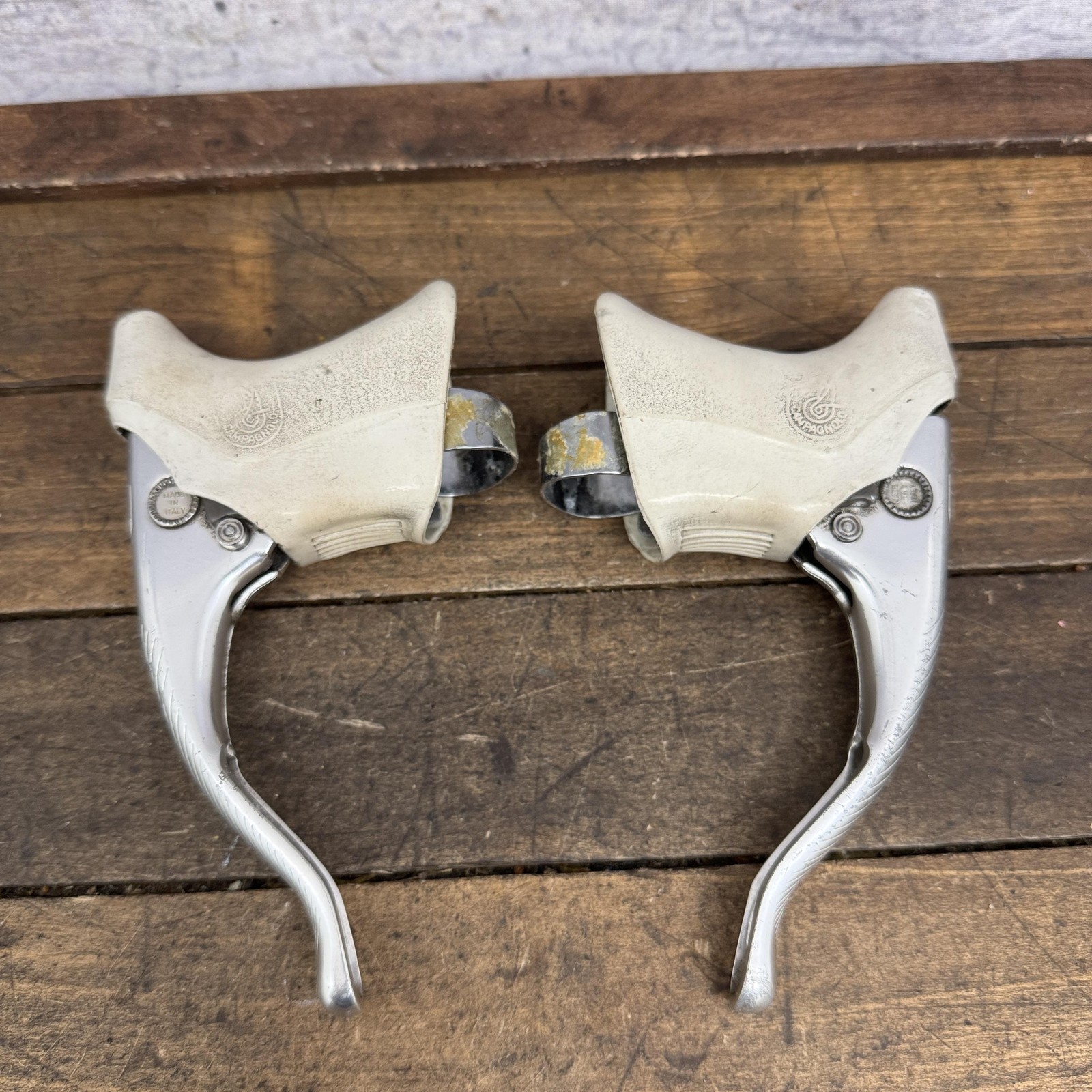 Vintage Campagnolo Brake Levers C-Record Chrous White Hoods 4-Finger Drop Bar