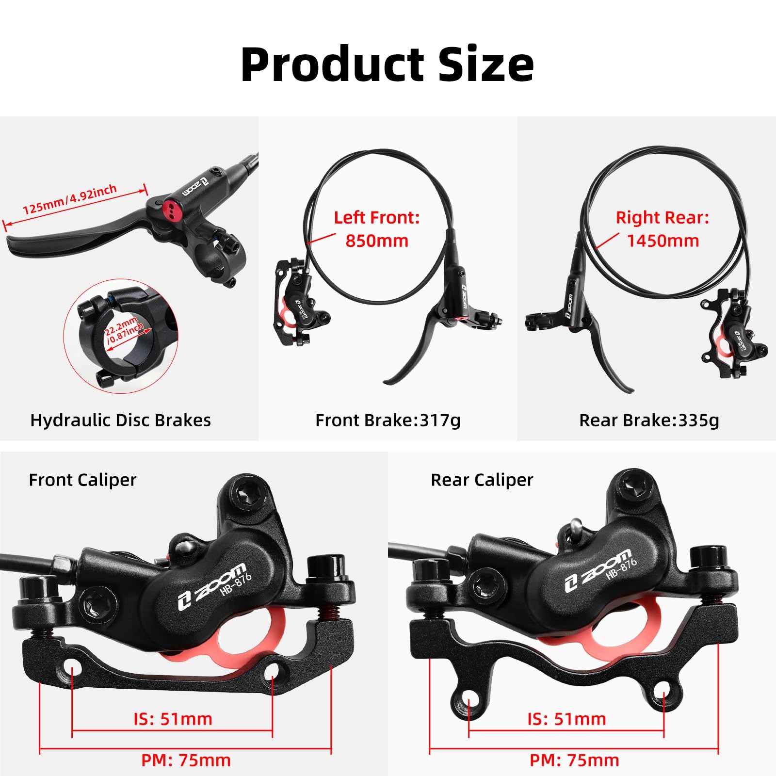 Z00M HB876 4-Pistons Hydraulic Disc Brake Set, MTB Rear Brake-Black
