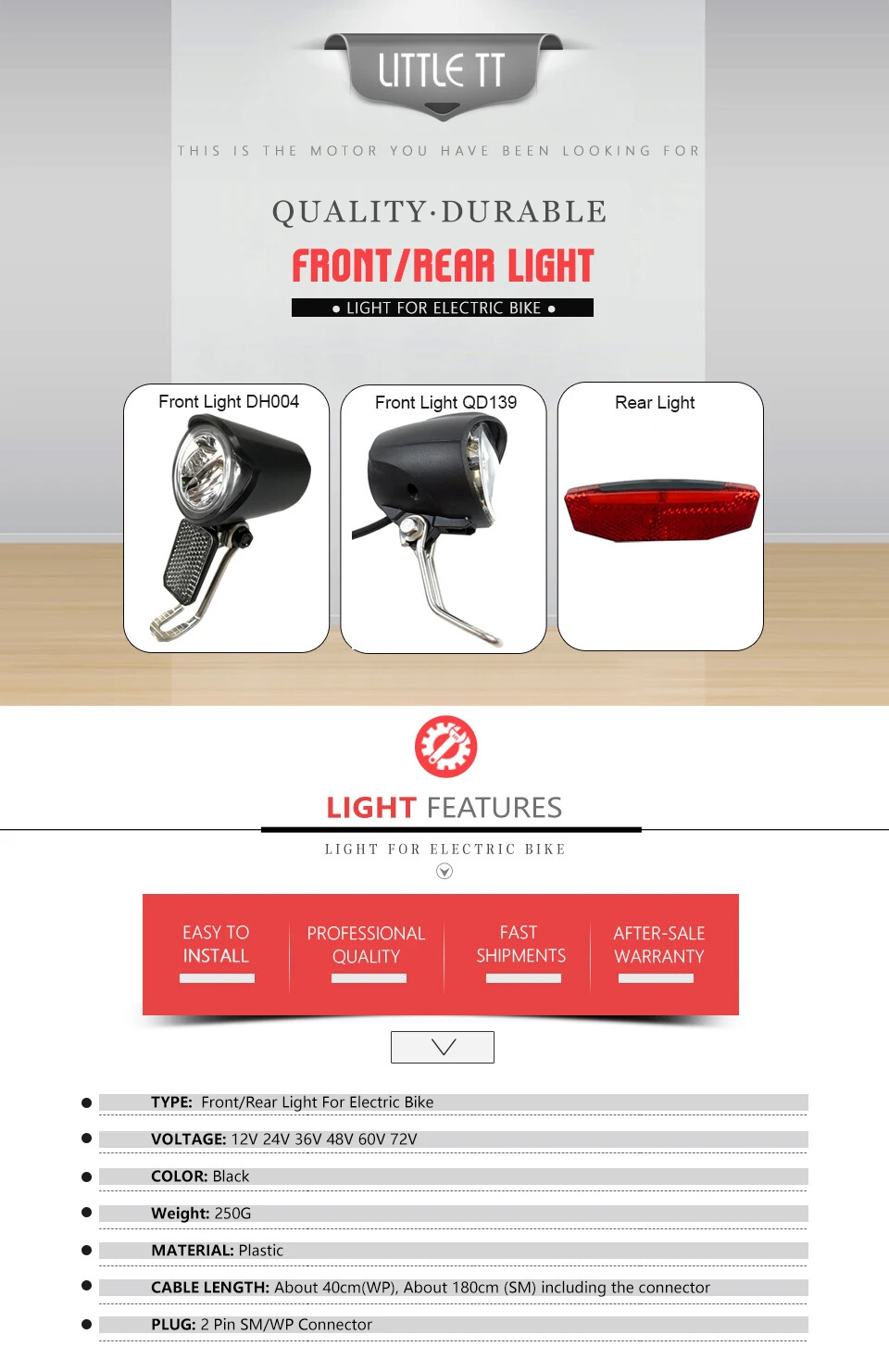 E-bike LED Headlight and E-Bike Rear Light 12V 24V 36V 48V 60V for Electric Bike