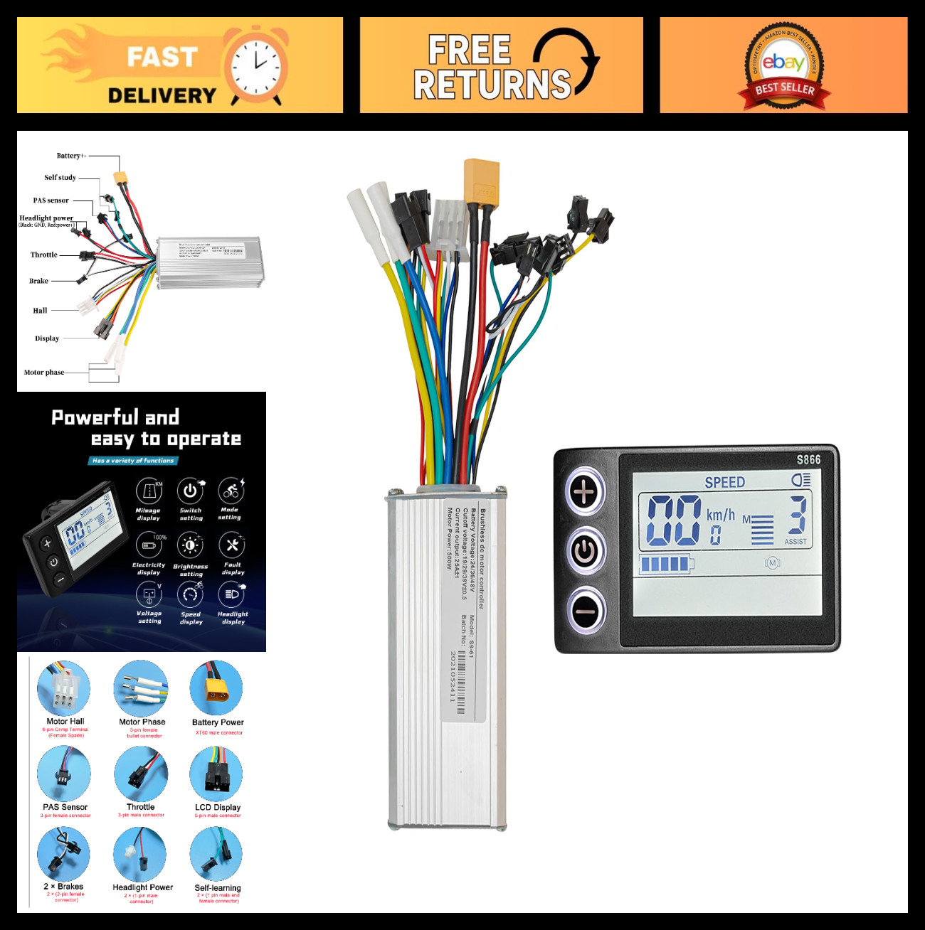 500W 25A Ebike Controller Kit – 24V 36V 48V Brushless Motor & LCD Display Panel