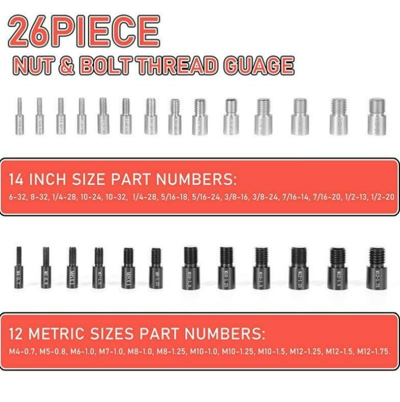 Inch & Metric Sizes Bolt/Nut Identifier 44pcs Nut/ Bolt Thread Checker Gauge Box