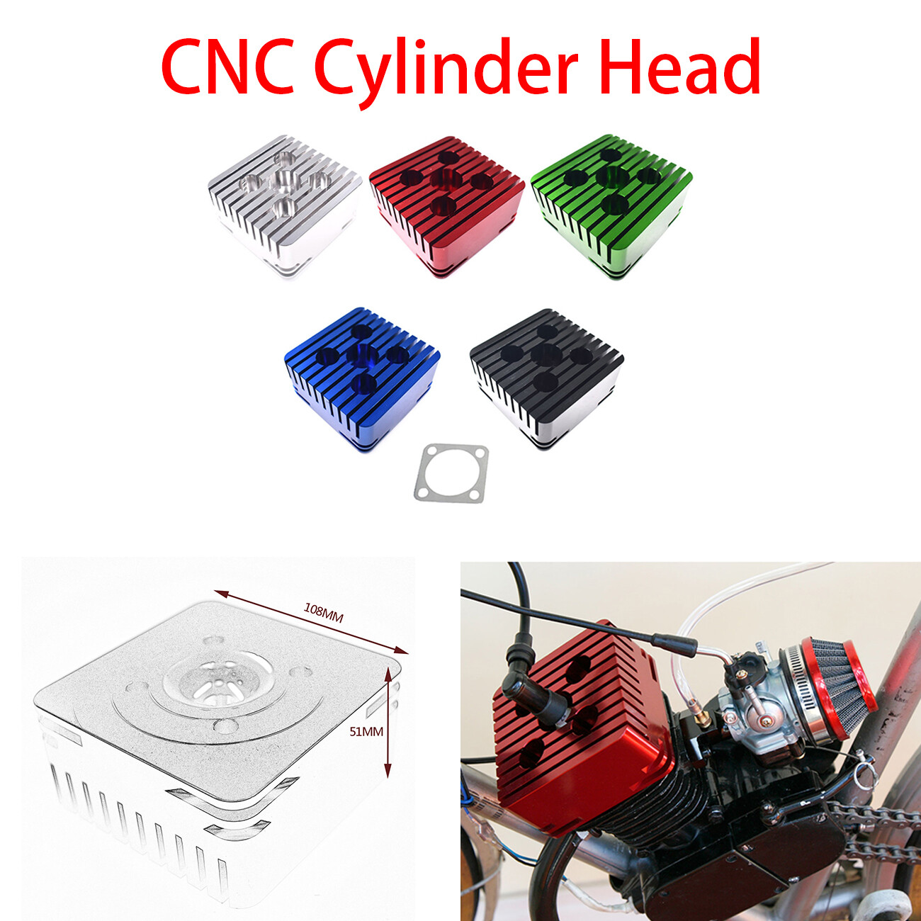 CNC Cylinder Head For Racing 66cc/80cc Engine Motorized Bicycle Colorful