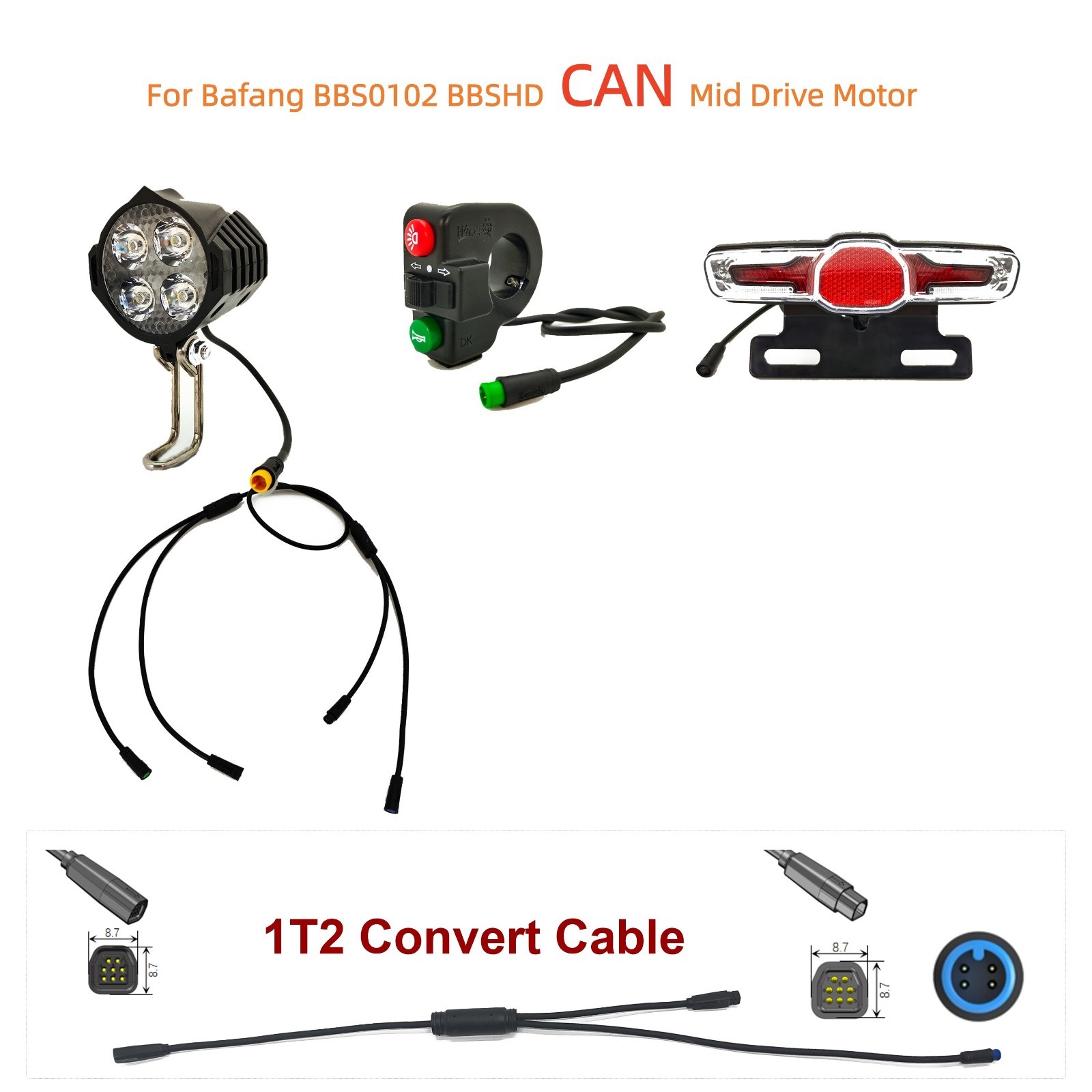Ebike Waterproof Cable Front Rear light kit for Bafang BBSHD BBS0102 CAN or UART