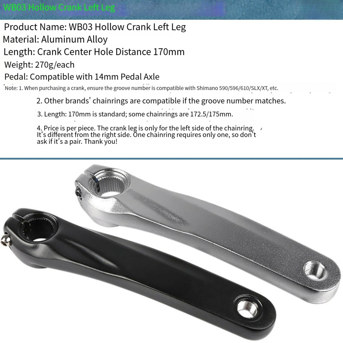 Direct Replacement Left Crank Arm for Hollowtech II Cranksets Black Silver