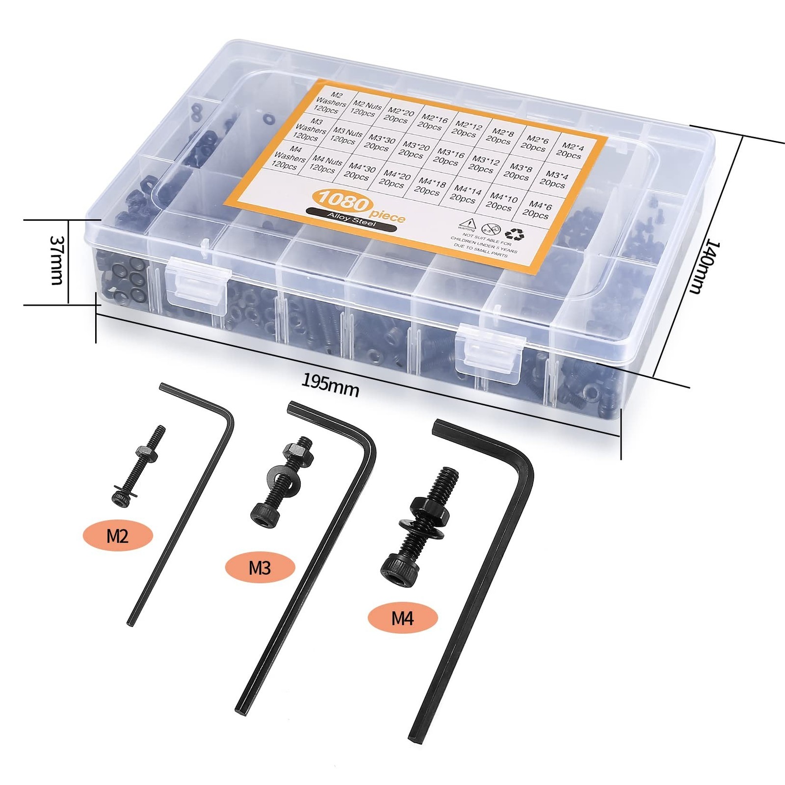 1080 Pcs M2 M3 M4 Hex Button Socket Head Cap Screws Bolts Nuts Flat Washers A…
