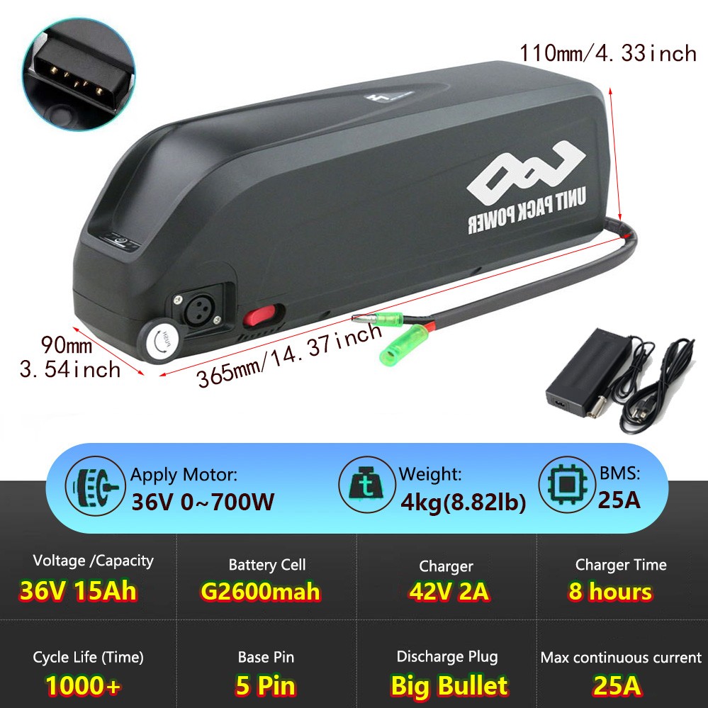 E-bike Lithium battery 36V 48V 52V 20Ah Hailong LG Cells Down Tube 0~2000W Motor