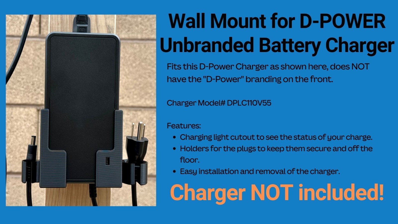 Wall Mount for D-POWER Unlabeled eBike Battery Charger for Lectric XP