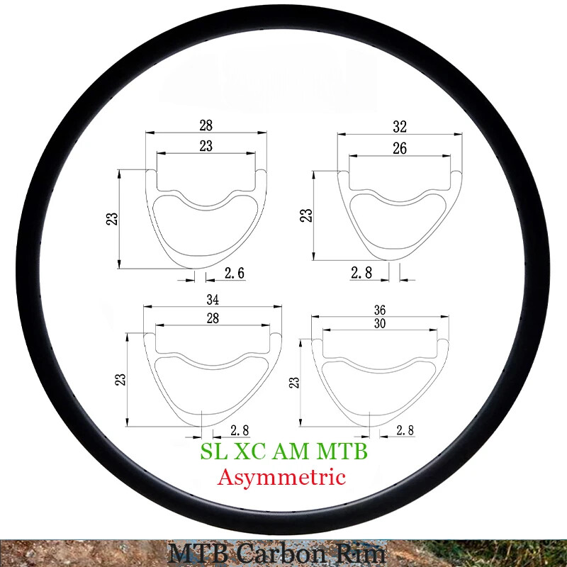 29er 28/32/34/36X23mm XC AM MTB Carbon Rims Asymmetric Tubeless Bicycle Wheels