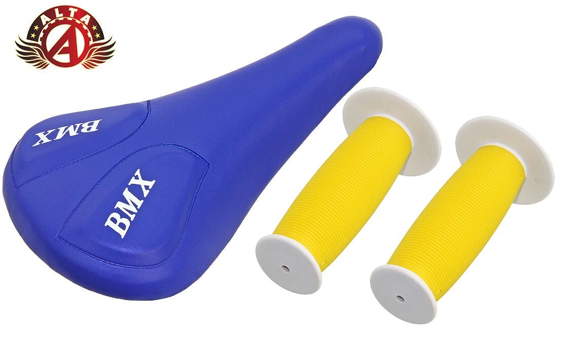 ALTA Blue BMX Vinyl Saddle & Yellow/White Mushroom Grips BMX BIKES.