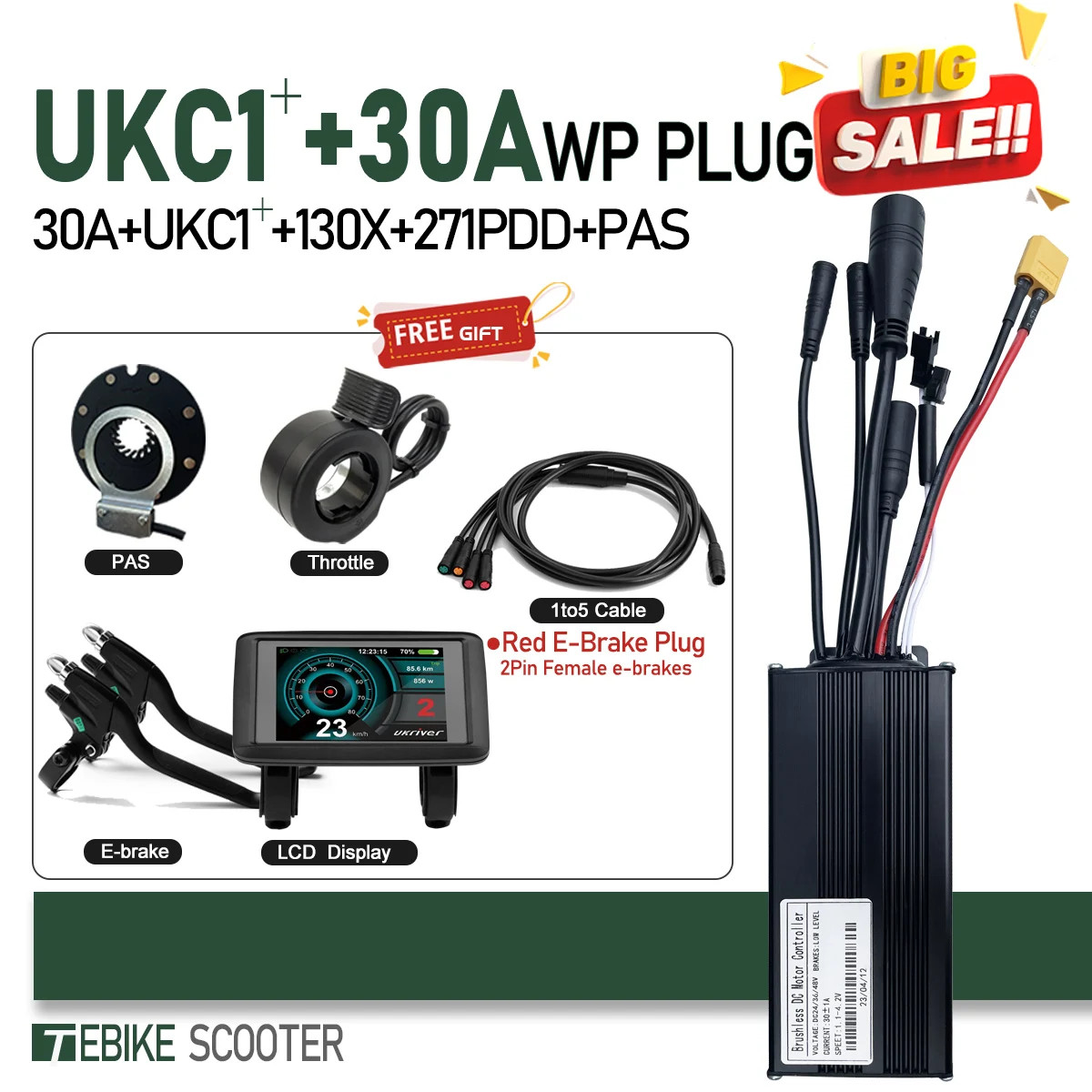Ebike 3-Mode SineWave Controller 17A 26A 30A 40A with LCD UKC1 Display 1T5 Cable