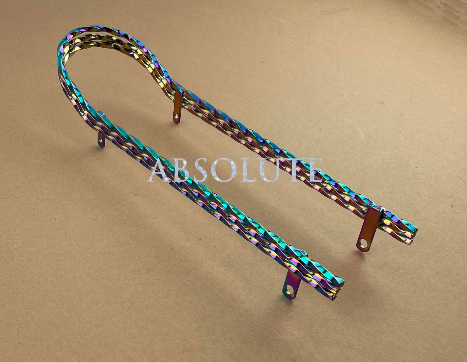 18″ LONG LOWRIDER BICYCLE TRIPLE SQUARE TWISTED SISSY BAR IN (OIL SLICK) NEON.