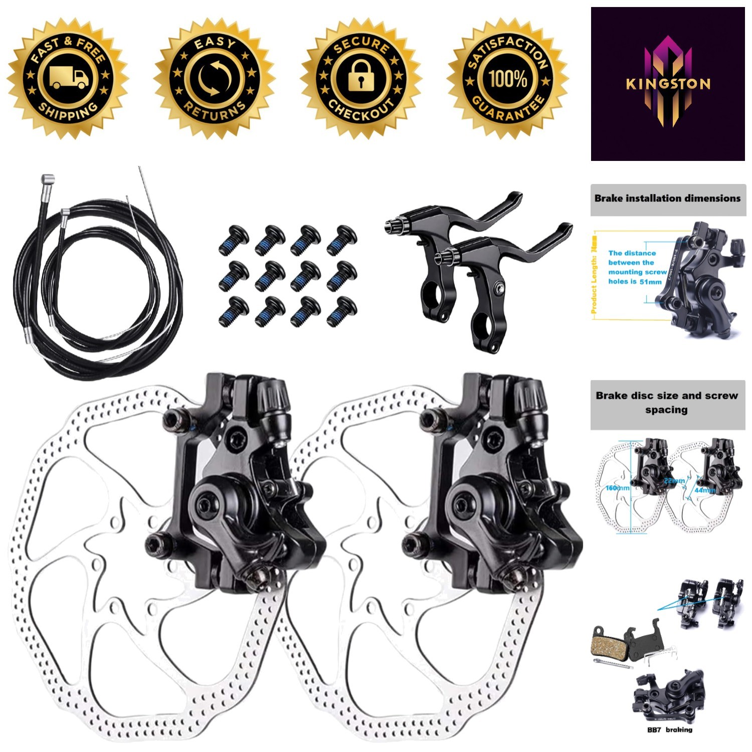 Universal Bike Disc Brake Kit: 2x 160mm Rotors, Calipers & Brake Levers Included