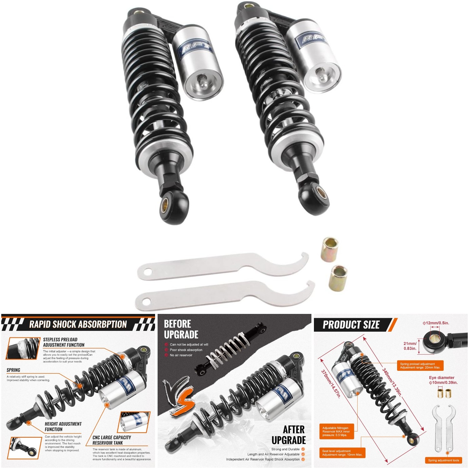 13.5′ 340mm Universal Motorcycle Rear Shock Absorbers Suspension Black Silver