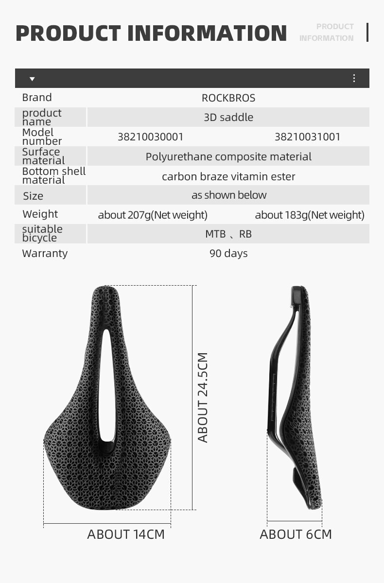 ROCKBROS Ultralight Bicycle Saddle 3D Printing Shockproof MTB Road Bike Seat