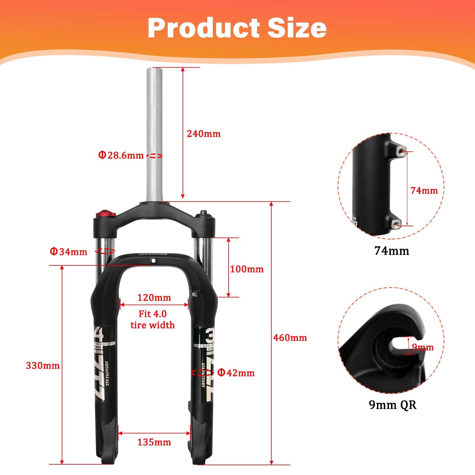 ZTZ 20 * 4.0 inch Fat Tire Oil Spring Suspension Fork – 100mm Travel, 135mm S…
