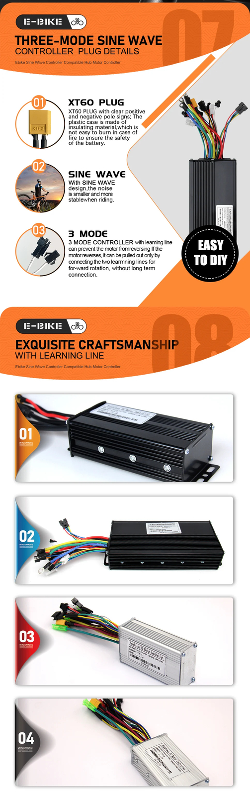 Electric Bike Sinewave 17A26A30A40A Controller Kit 250W-2000W Brushless Motor