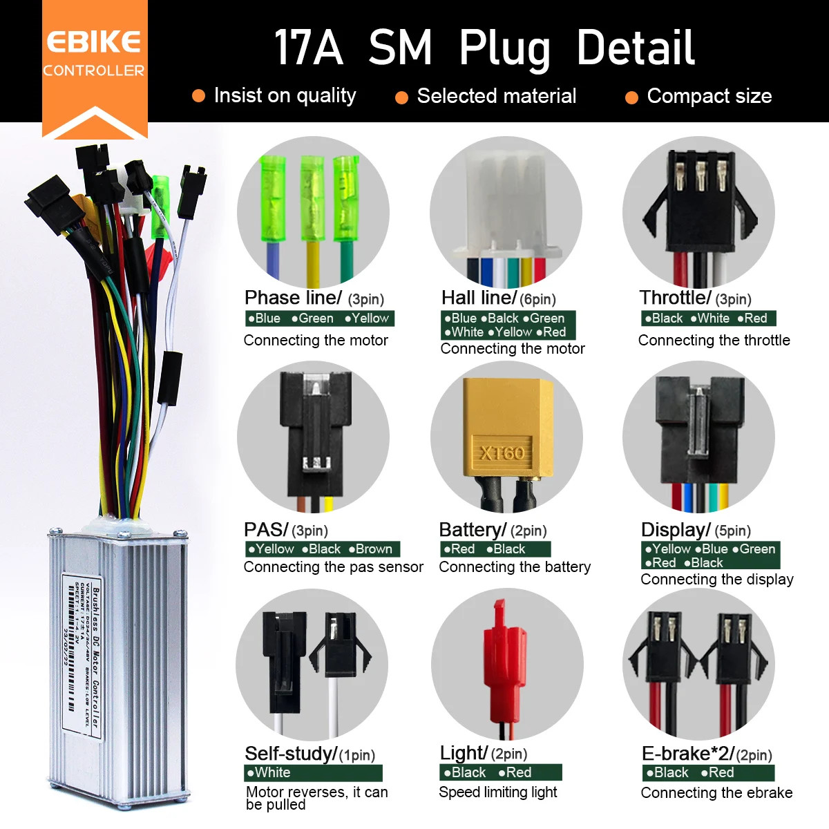 E-bike Sinewave Controller with Display 17A 26A 30A 40A for 250W-2000W Motor
