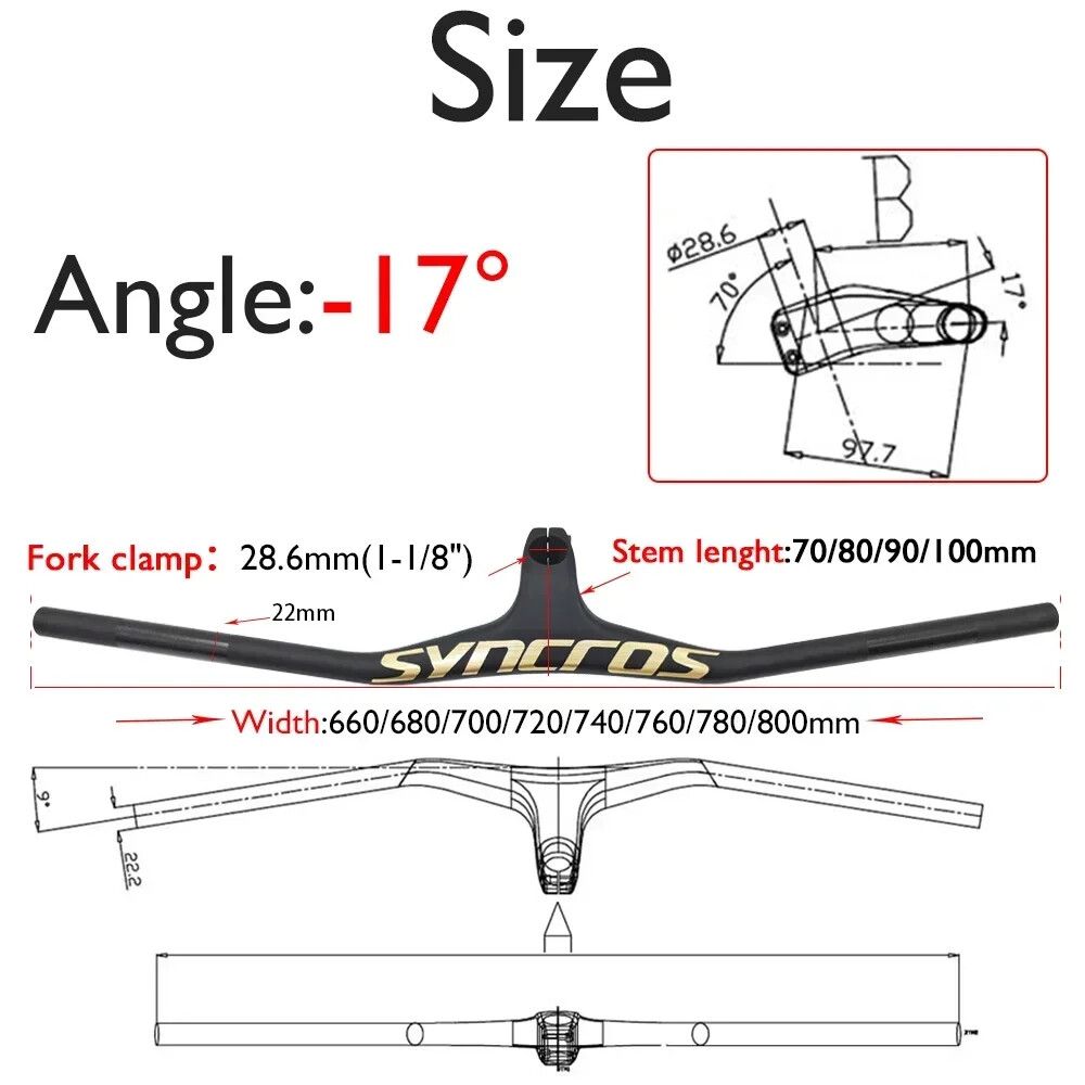 28.6mm Clamp 70/80/90mm -17°Degree Carbon Fiber MTB Bicycle Integrated Handlebar