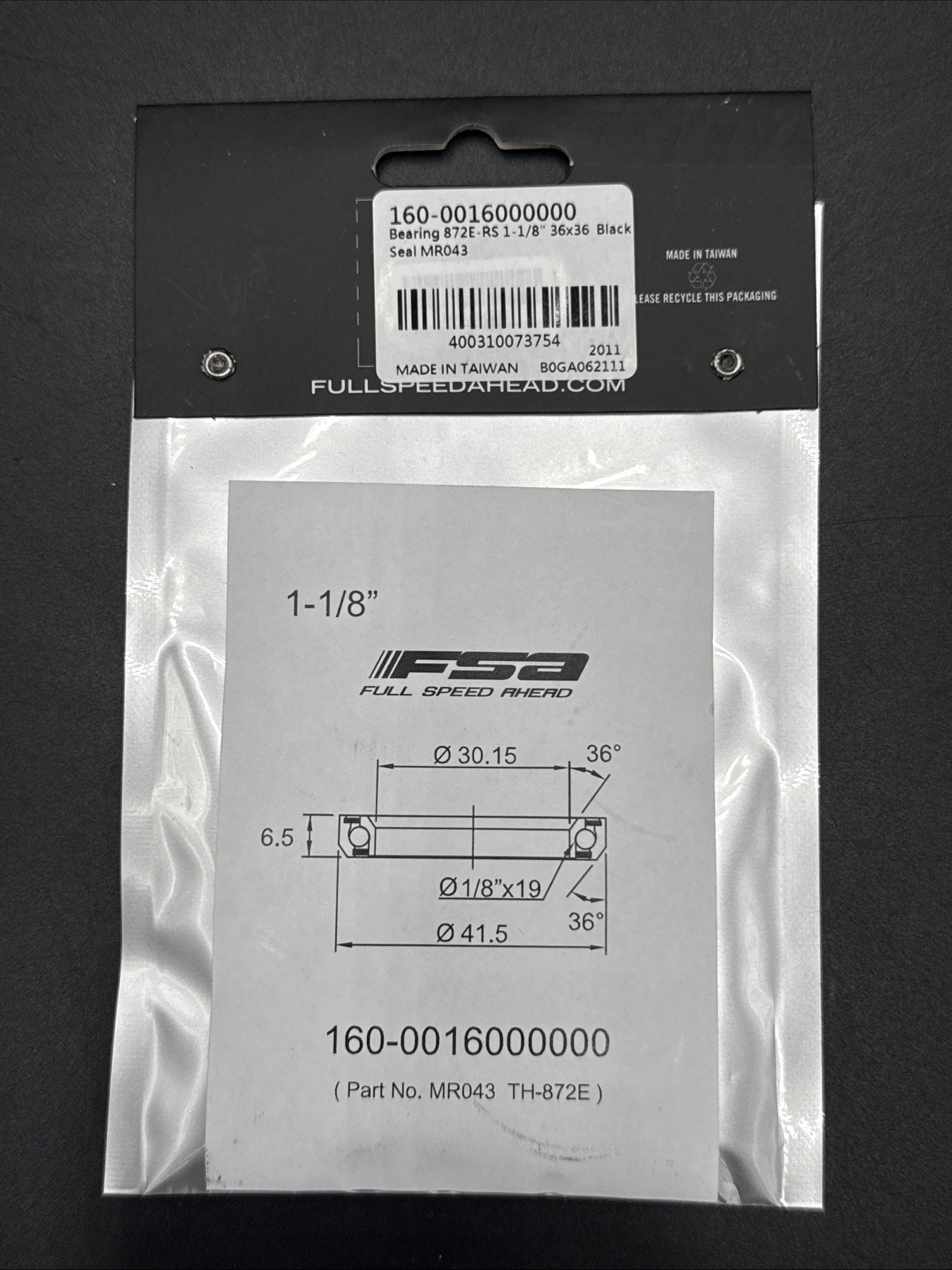 FSA Full Speed Ahead 872E-RS 1-1/8″ MR043 Micro ACB 36 x 36° Headset Bearing