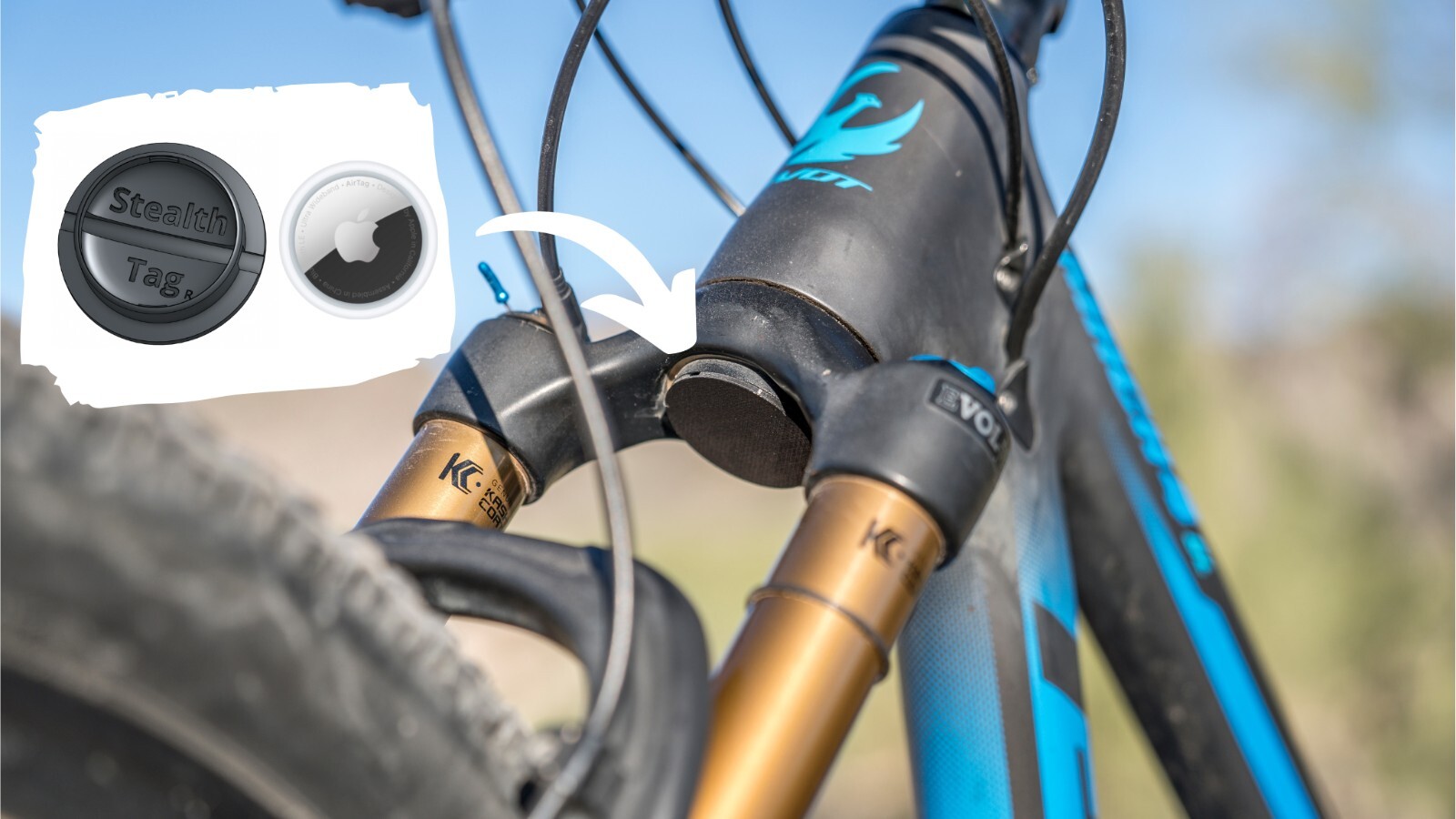 Stealth Tag Fox 36 Fork- Smallest AirTag mountain bike holder to track a bike